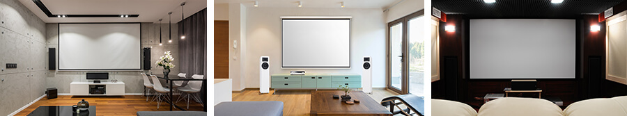 Différents home cinémas avec écrans de projections, vidéoprojecteurs et système de sonorisation